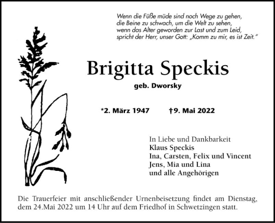 Traueranzeige von Brigitta Speckis von Schwetzinger Zeitung
