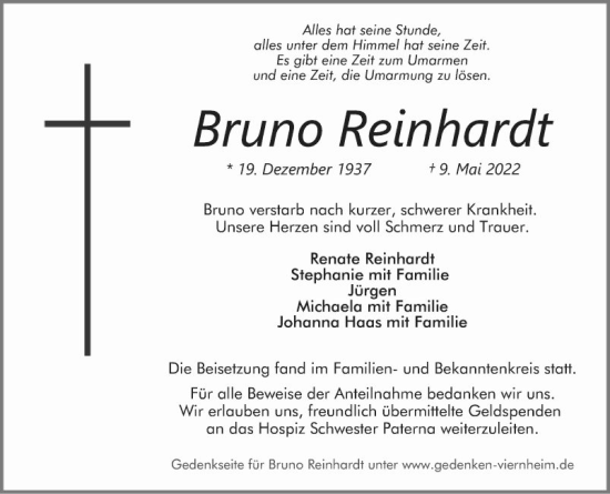 Traueranzeige von Bruno Reinhardt von Mannheimer Morgen