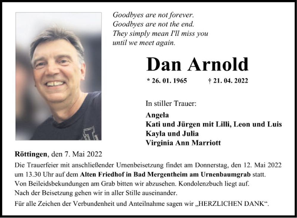  Traueranzeige für Dan Arnold vom 07.05.2022 aus Fränkische Nachrichten