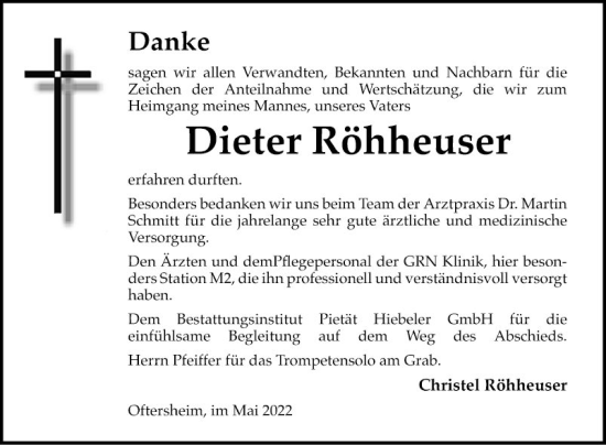 Traueranzeige von Dieter Röhheuser von Schwetzinger Zeitung