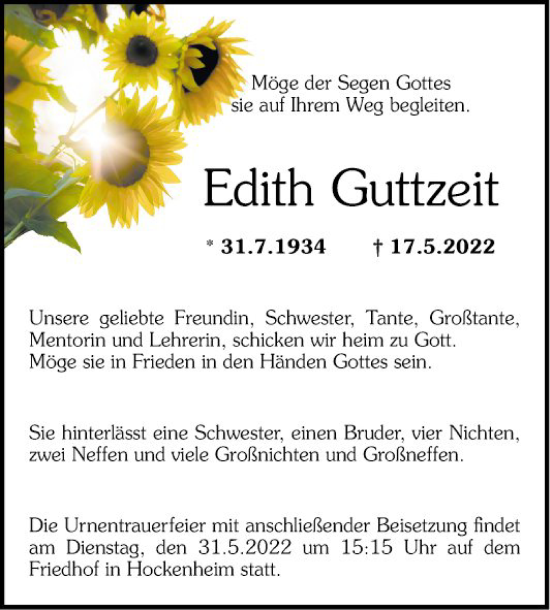 Traueranzeige von Edith Guttzeit von Schwetzinger Zeitung