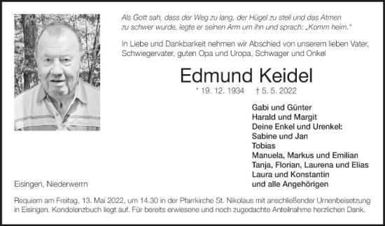 Traueranzeige von Edmund Keidel von Fränkische Nachrichten