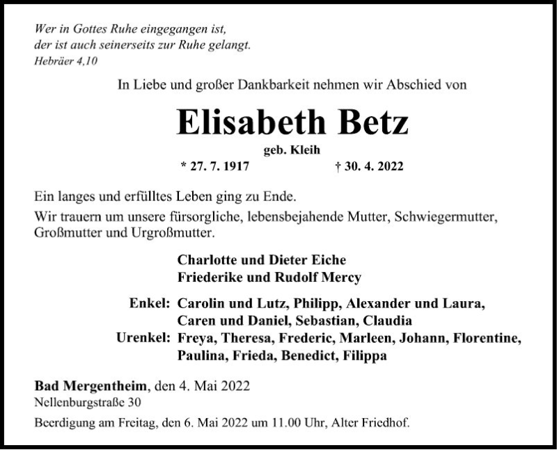  Traueranzeige für Elisabeth Betz vom 04.05.2022 aus Fränkische Nachrichten