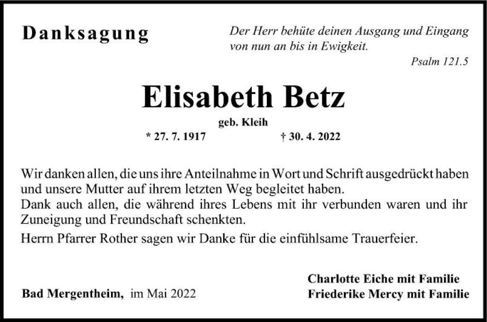  Traueranzeige für Elisabeth Betz vom 27.05.2022 aus Fränkische Nachrichten