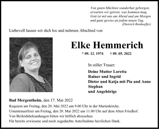 Traueranzeige von Elke Hemmerich von Fränkische Nachrichten