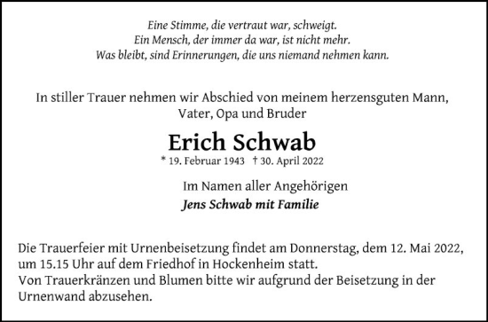 Traueranzeige von Erich Schwab von Schwetzinger Zeitung