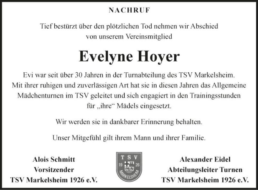  Traueranzeige für Evelyne Hoyer vom 19.05.2022 aus Fränkische Nachrichten