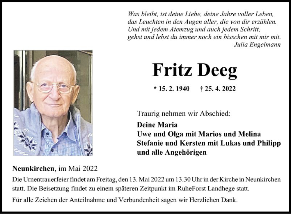  Traueranzeige für Fritz Deeg vom 11.05.2022 aus Fränkische Nachrichten