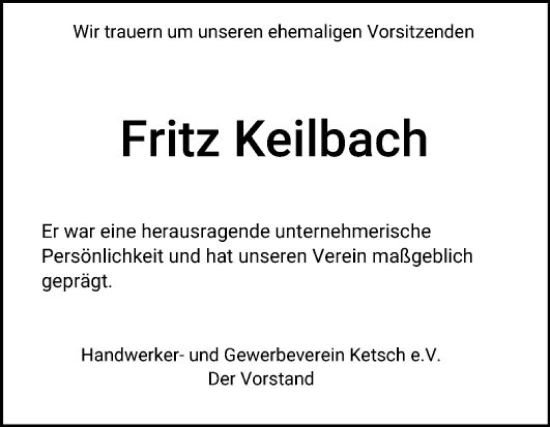 Traueranzeige von Fritz Keilbach von Schwetzinger Zeitung