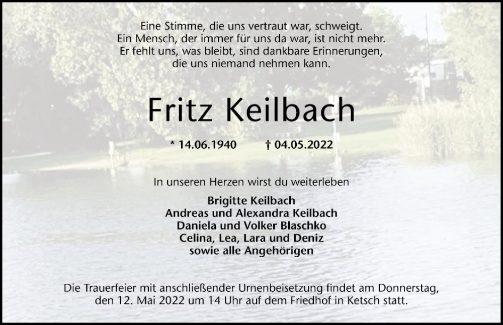  Traueranzeige für Fritz Keilbach vom 07.05.2022 aus Schwetzinger Zeitung