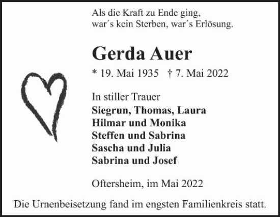 Traueranzeige von Gerda Auer von Schwetzinger Zeitung