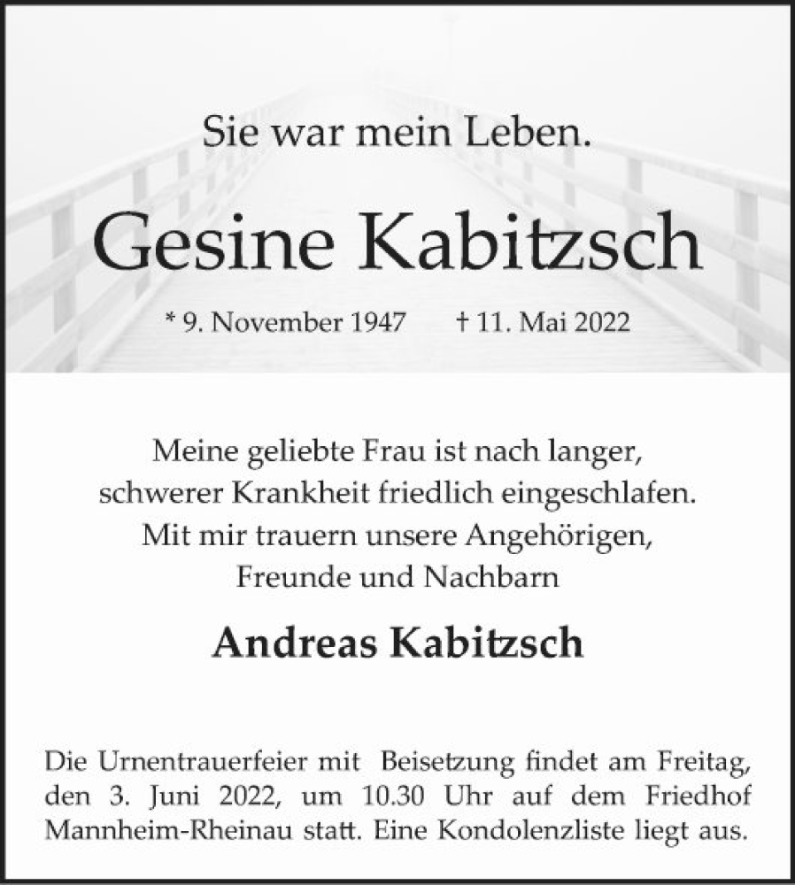  Traueranzeige für Gesine Kabitzsch vom 21.05.2022 aus Mannheimer Morgen