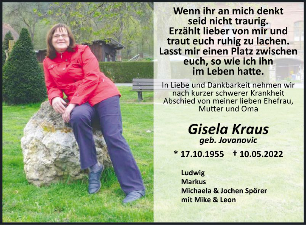  Traueranzeige für Gisela Kraus vom 11.05.2022 aus Fränkische Nachrichten