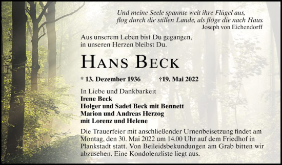 Traueranzeige von Hans Beck von Schwetzinger Zeitung