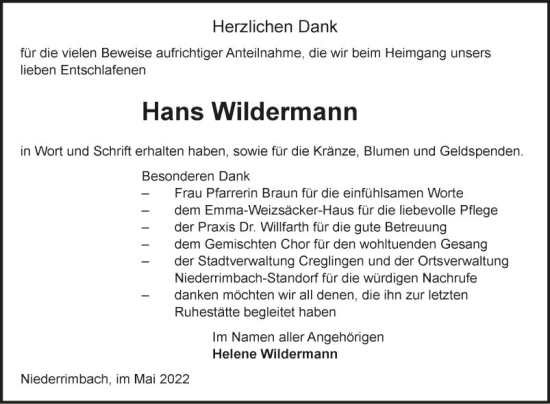 Traueranzeige von Hans Wildermann von Fränkische Nachrichten