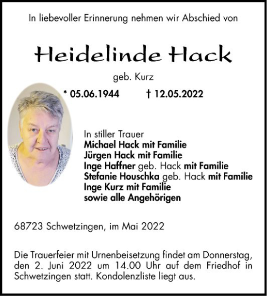 Traueranzeige von Heidelinde Hack von Schwetzinger Zeitung