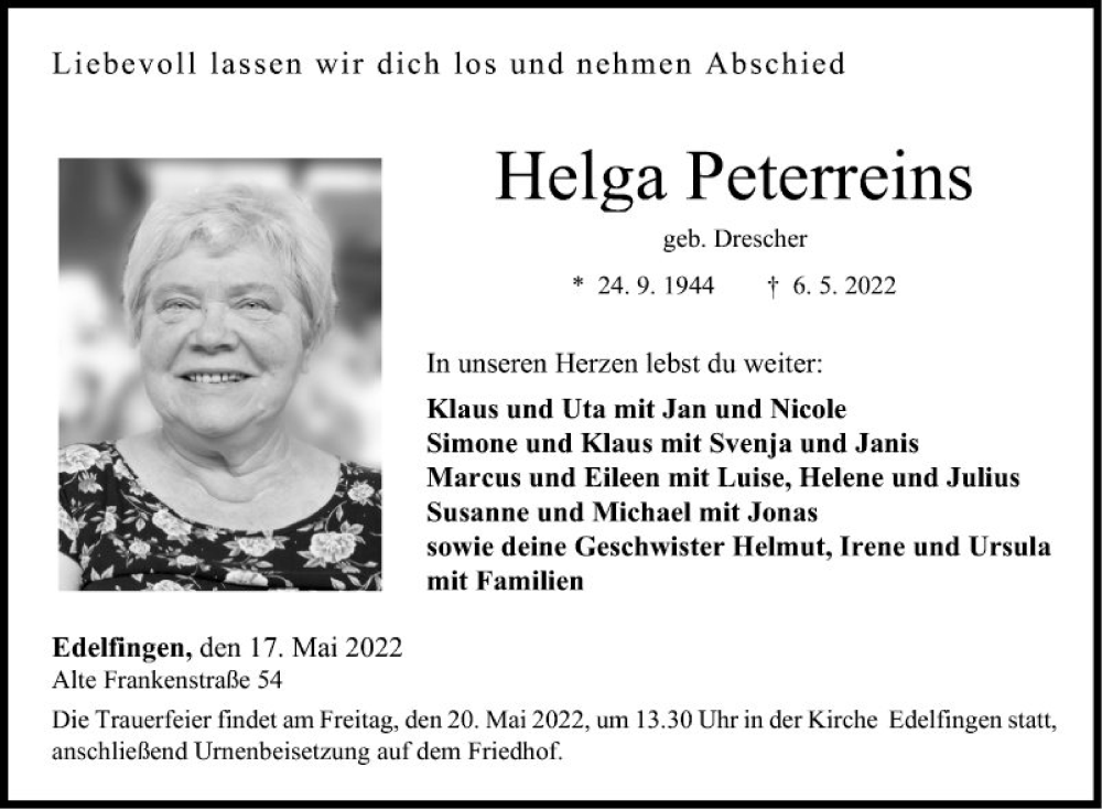  Traueranzeige für Helga Peterreins vom 17.05.2022 aus Fränkische Nachrichten