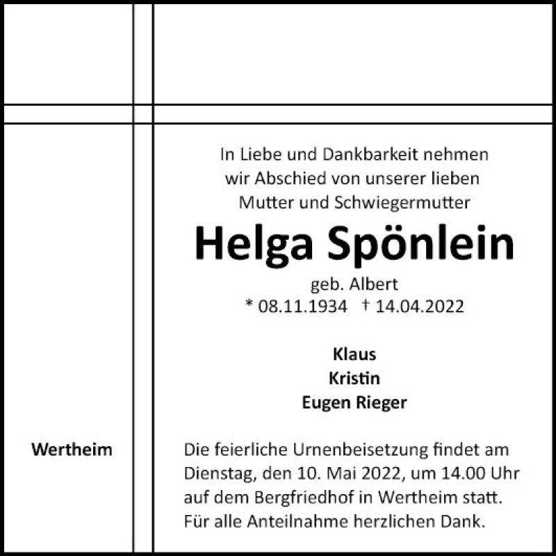  Traueranzeige für Helga Spönlein vom 03.05.2022 aus Fränkische Nachrichten