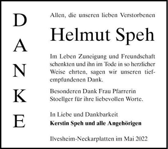 Traueranzeige von Helmut Speh von Mannheimer Morgen
