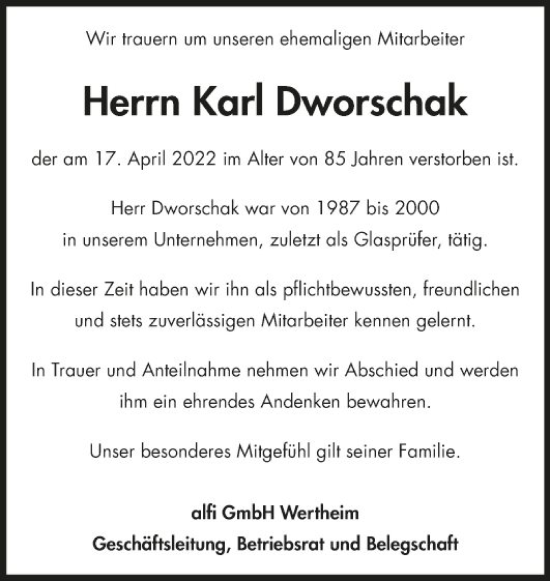 Traueranzeige von Karl Dworschak von Fränkische Nachrichten
