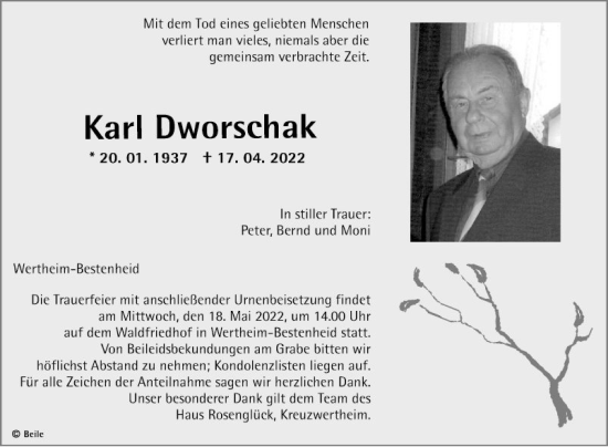 Traueranzeige von Karl Dworschak von Fränkische Nachrichten