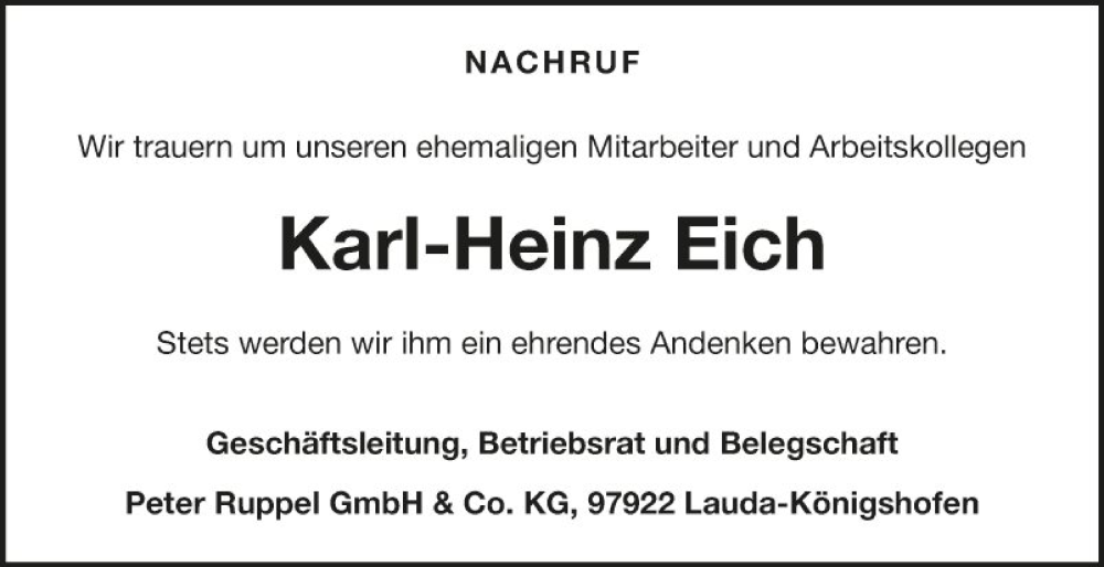  Traueranzeige für Karl-Heinz Eich vom 18.05.2022 aus Fränkische Nachrichten