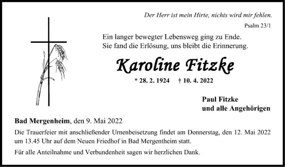  Traueranzeige für Karoline Fitzke vom 09.05.2022 aus Fränkische Nachrichten