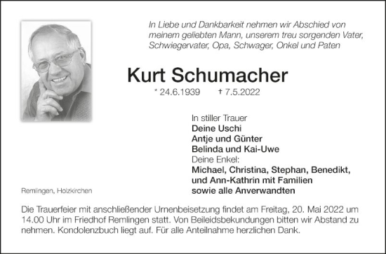 Traueranzeige von Kurt Schumacher von Fränkische Nachrichten