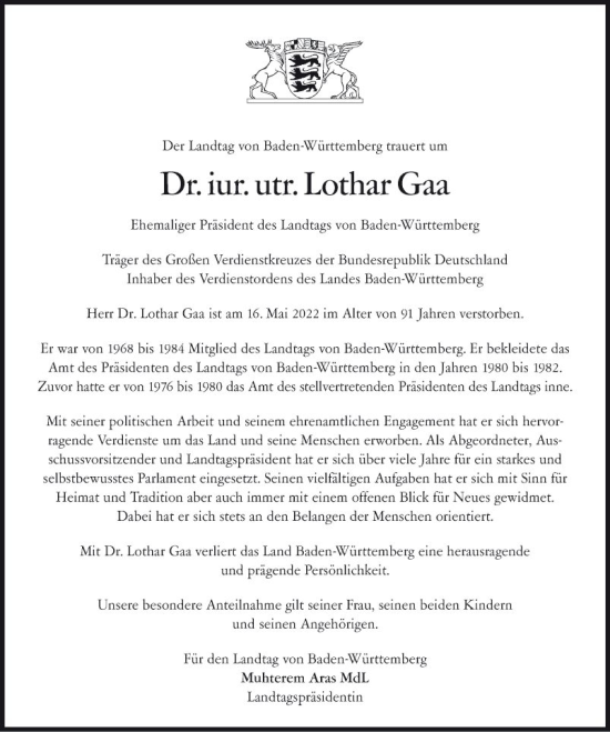 Traueranzeige von Lothar Gaa von Schwetzinger Zeitung