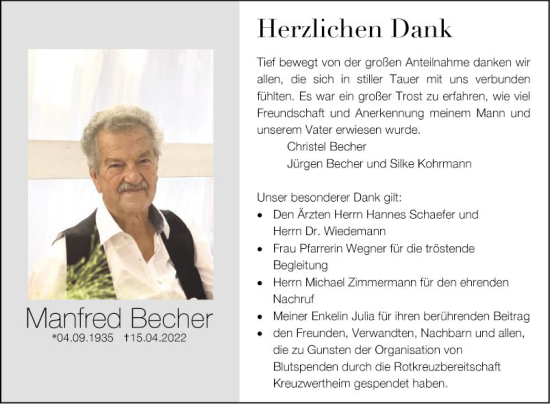 Traueranzeige von Manfred Becher von Fränkische Nachrichten