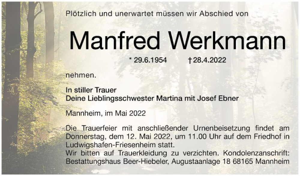  Traueranzeige für Manfred Werkmann vom 07.05.2022 aus Mannheimer Morgen