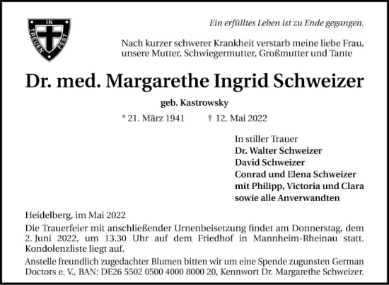 Traueranzeige von Margarethe Ingrid Schweizer von Mannheimer Morgen