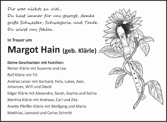 Traueranzeige von Margot Hain von Fränkische Nachrichten