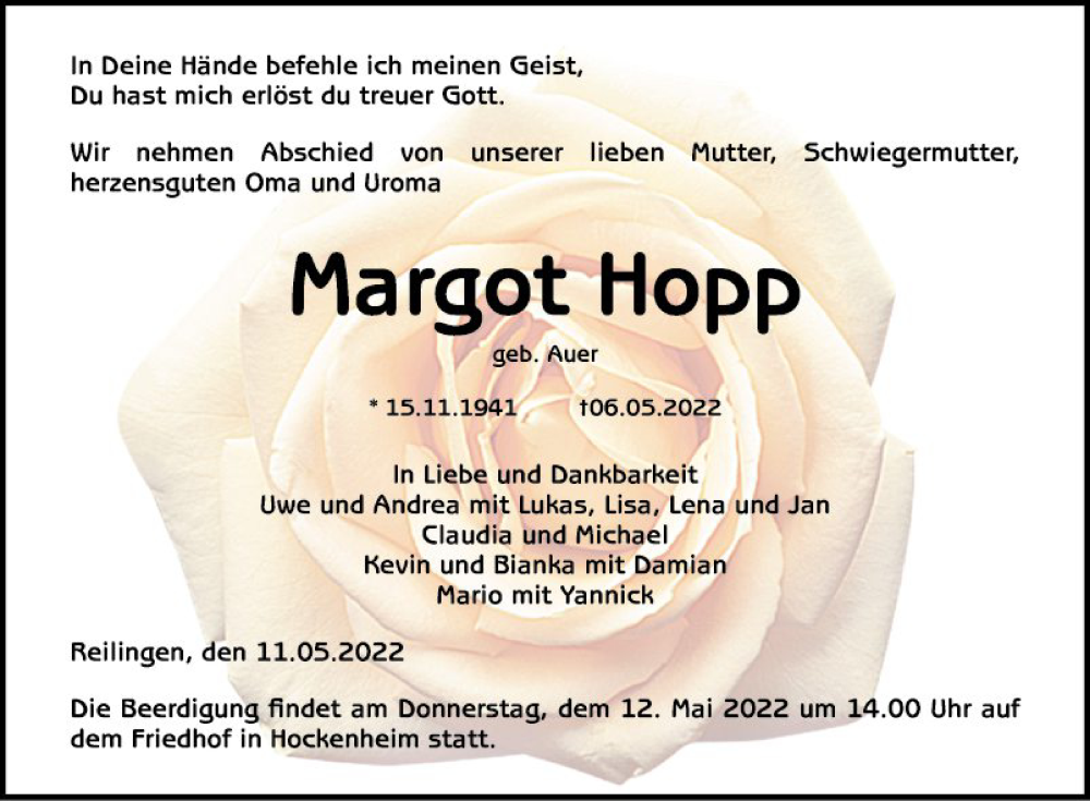  Traueranzeige für Margot Hopp vom 11.05.2022 aus Schwetzinger Zeitung