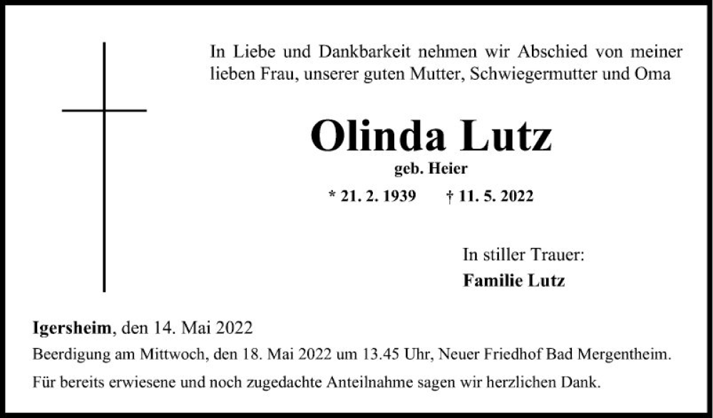  Traueranzeige für Olinda Lutz vom 14.05.2022 aus Fränkische Nachrichten