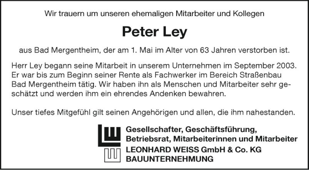  Traueranzeige für Peter Ley vom 18.05.2022 aus Fränkische Nachrichten