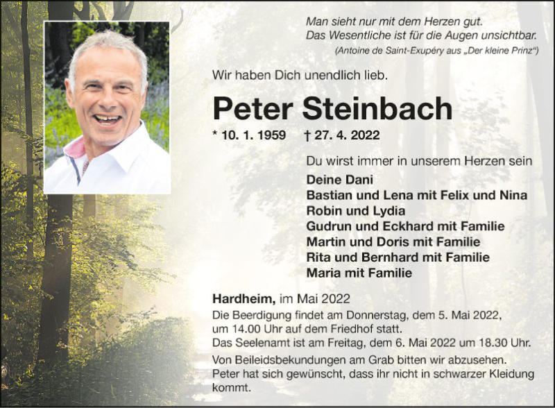  Traueranzeige für Peter Steinbach vom 03.05.2022 aus Fränkische Nachrichten
