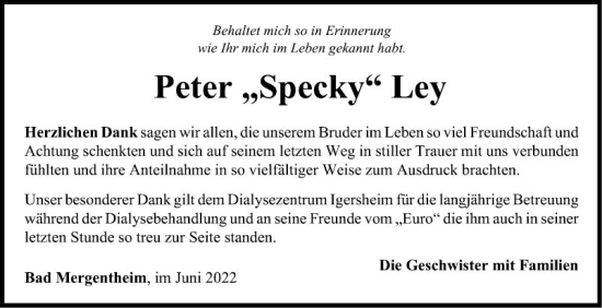 Traueranzeige von Peter Specky Ley von Fränkische Nachrichten