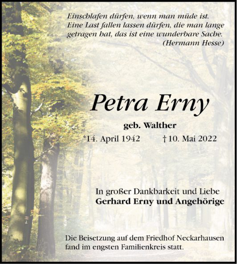  Traueranzeige für Petra Erny vom 28.05.2022 aus Mannheimer Morgen