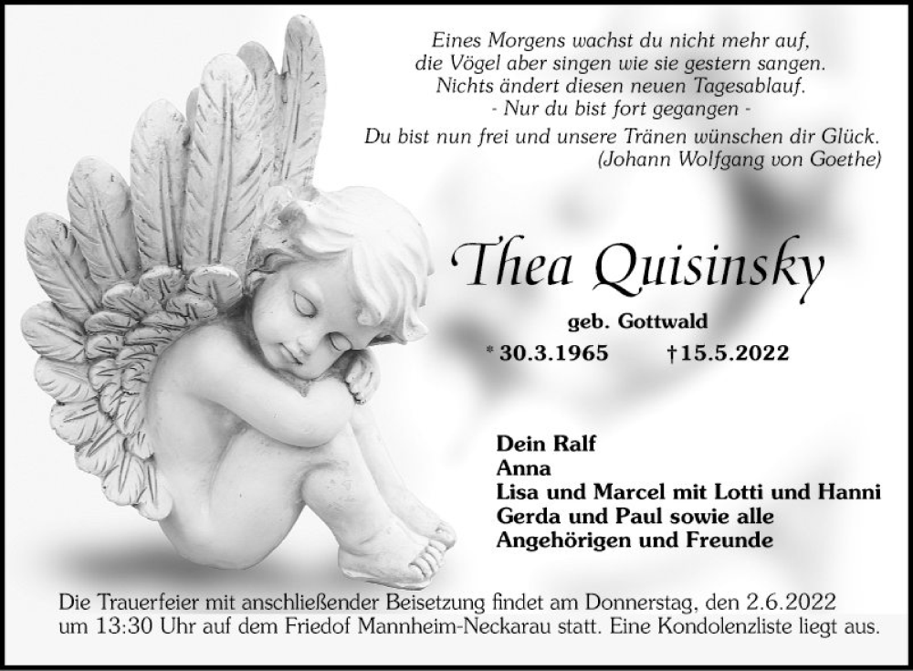 Traueranzeige für Thea Quisinsky vom 28.05.2022 aus Mannheimer Morgen