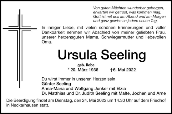 Traueranzeige von Ursula Seeling von Mannheimer Morgen