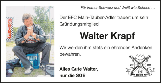 Traueranzeige von Walter Krapf von Fränkische Nachrichten
