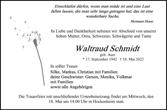 Traueranzeige von Waltraud Schmidt von Schwetzinger Zeitung