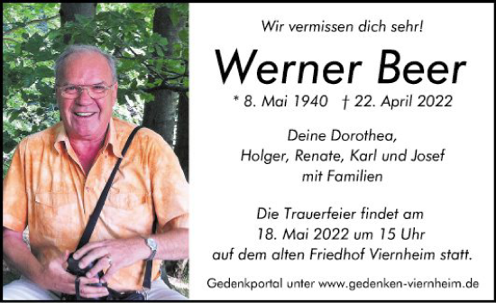 Traueranzeige von Werner Beer von Mannheimer Morgen