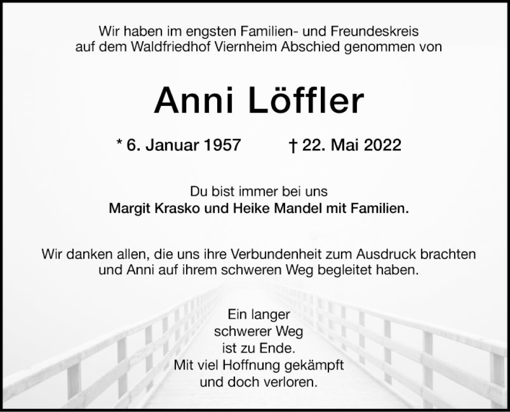  Traueranzeige für Anni Löffler vom 04.06.2022 aus Mannheimer Morgen