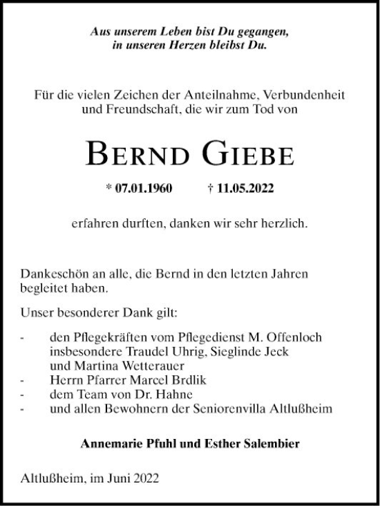 Traueranzeige von Bernd Giebe von Schwetzinger Zeitung