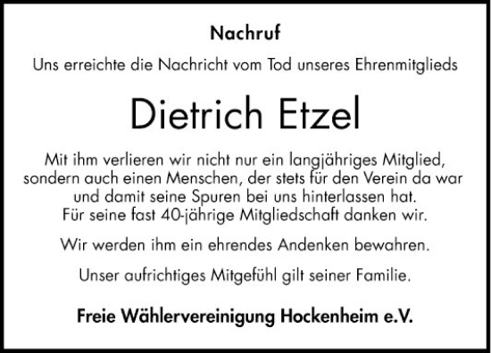 Traueranzeige von Dietrich Etzel von Schwetzinger Zeitung