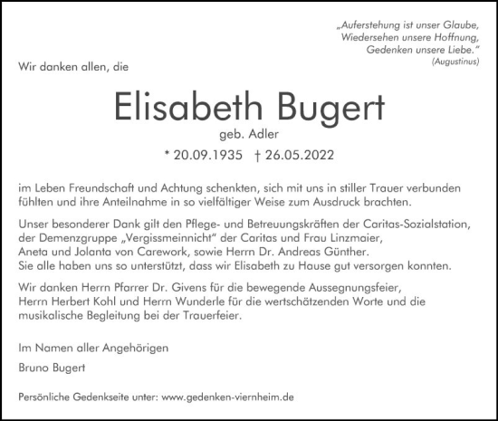Traueranzeige von Elisabeth Bugert von Mannheimer Morgen