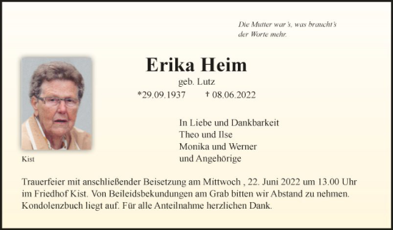 Traueranzeige von Erika Heim von Fränkische Nachrichten