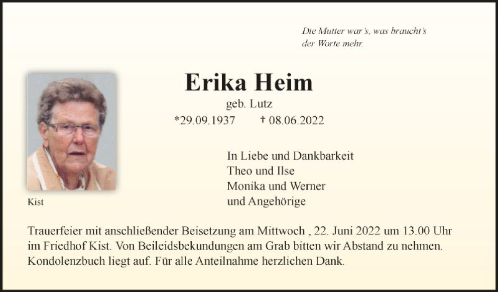  Traueranzeige für Erika Heim vom 18.06.2022 aus Fränkische Nachrichten